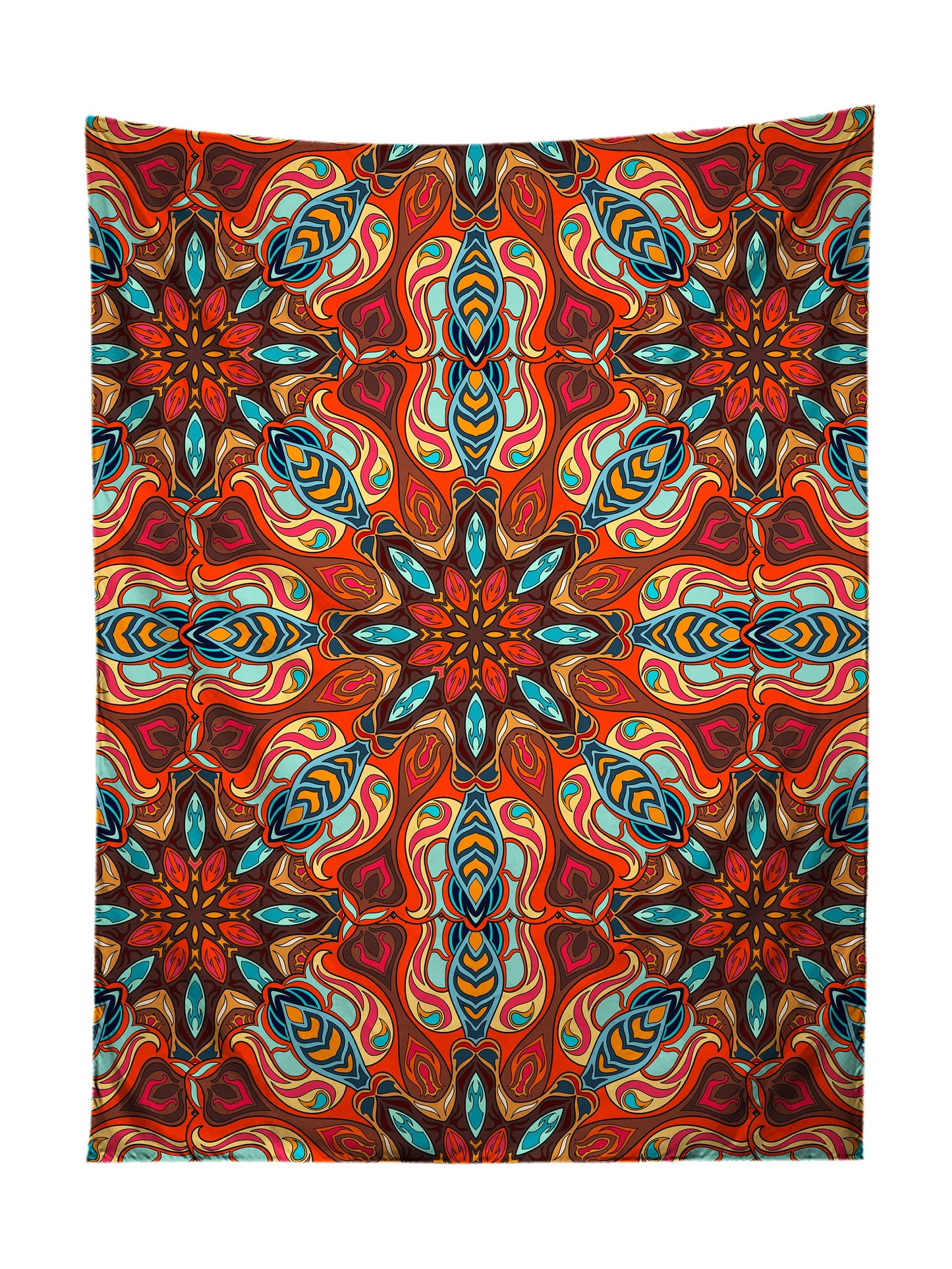 Vertical hanging view of all over print blue & orange mandala tapestry by GratefullyDyed Apparel.