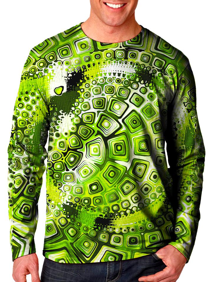 Front view of model wearing Gratefully Dyed Apparel green geometric mandala unisex long sleeve.