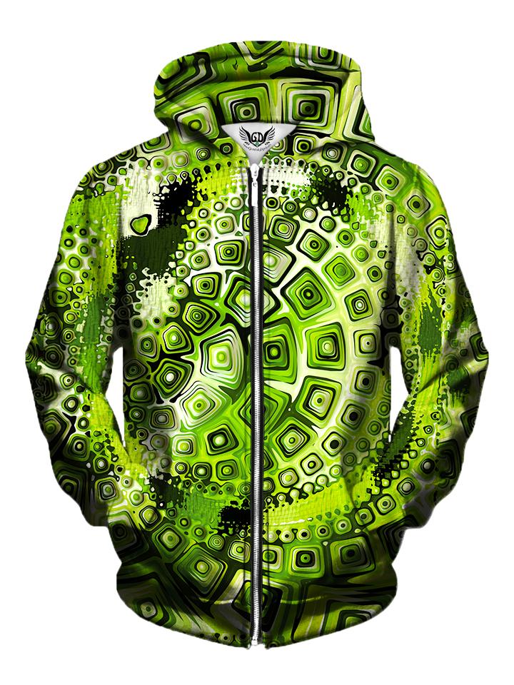 Men's green geometric mandala zip-up hoodie front view.