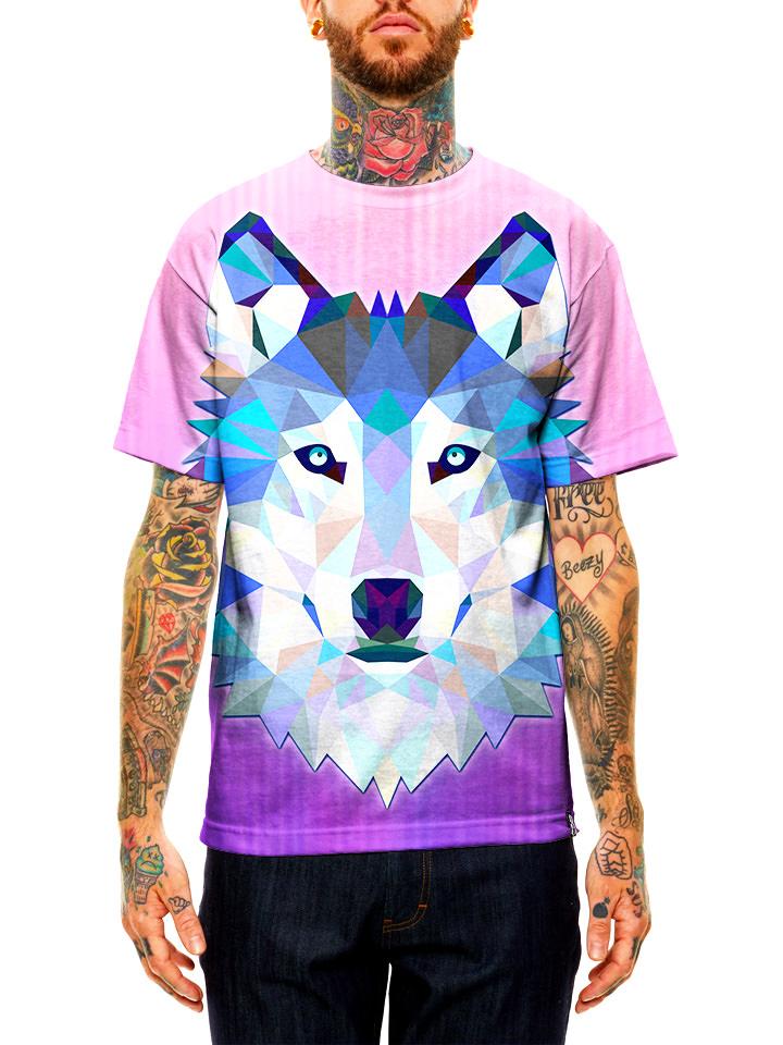 Model wearing GratefullyDyed Apparel pink, blue & white geometric wolf unisex t-shirt.